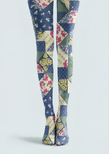 Blue Boho Patchwork Tights Folk Floral Pantyhose H68-57