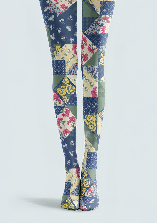 Blue Boho Patchwork Tights Folk Floral Pantyhose H68-57