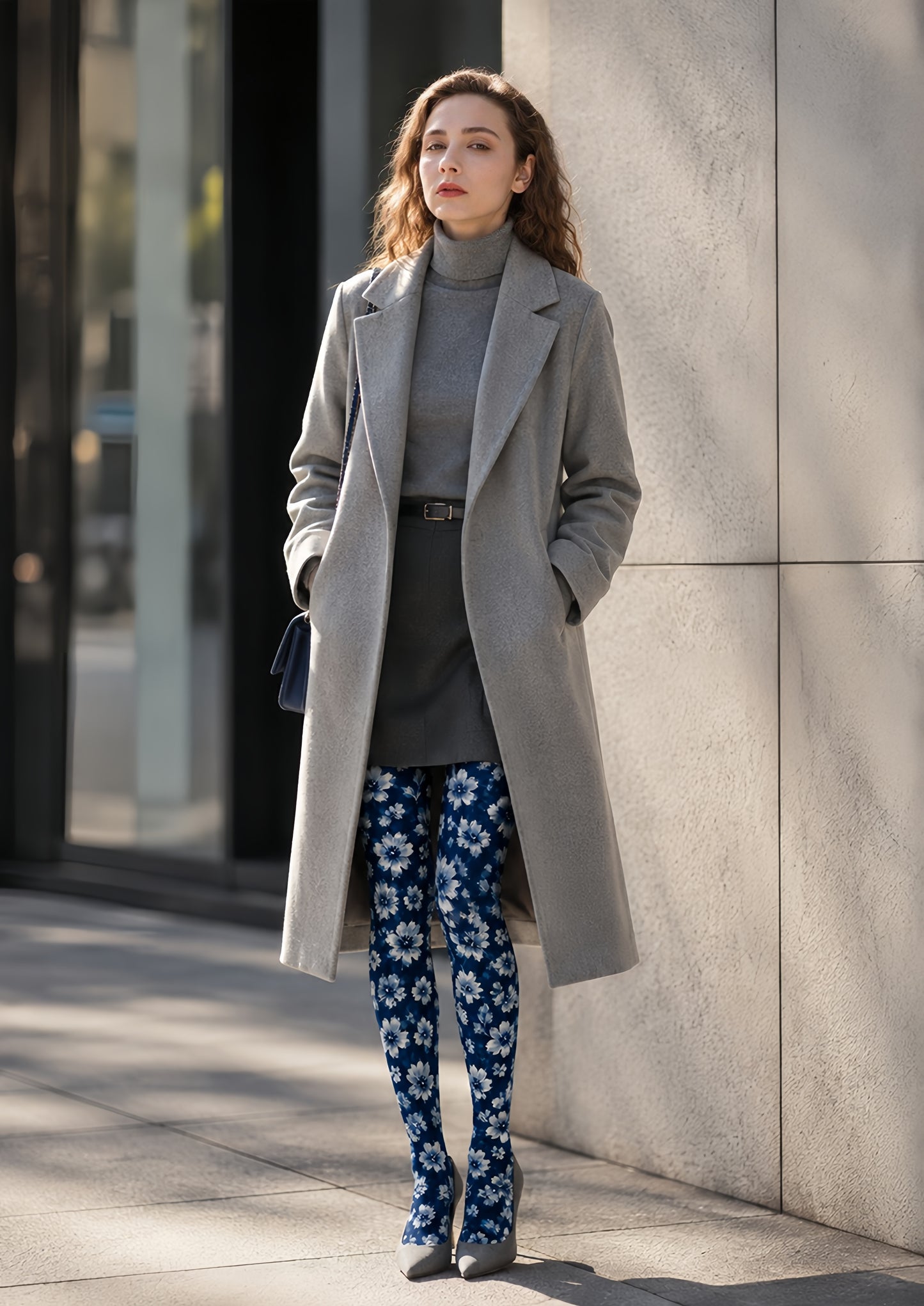 Blue Floral Tights Elegant Boho Pantyhose Hosiery H68-58