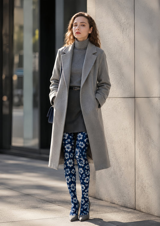Blue Floral Tights Elegant Boho Pantyhose Hosiery H68-58