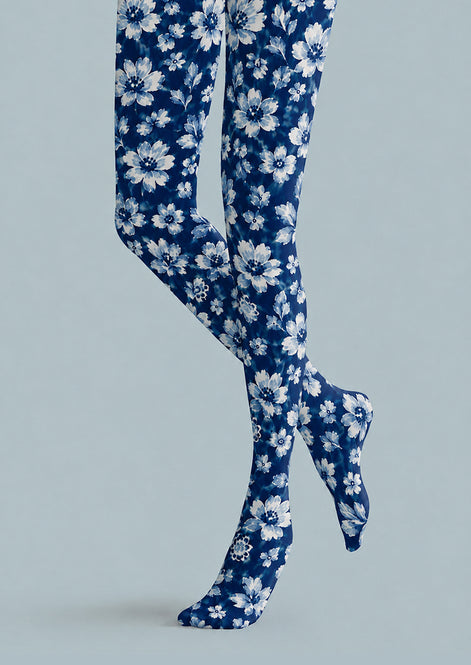 Blue Floral Tights Elegant Boho Pantyhose Hosiery H68-58