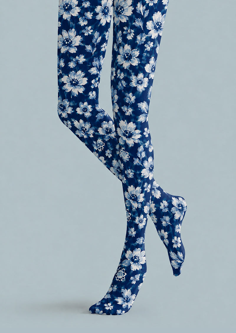 Blue Floral Tights Elegant Boho Pantyhose Hosiery H68-58