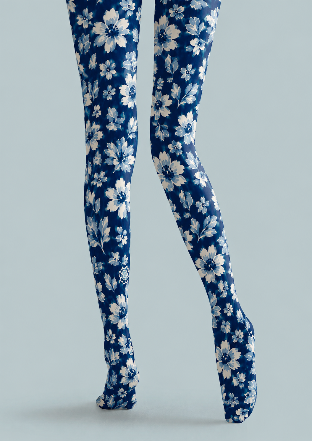 Blue Floral Tights Elegant Boho Pantyhose Hosiery H68-58