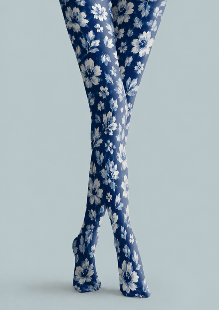 Blue Floral Tights Elegant Boho Pantyhose Hosiery H68-58