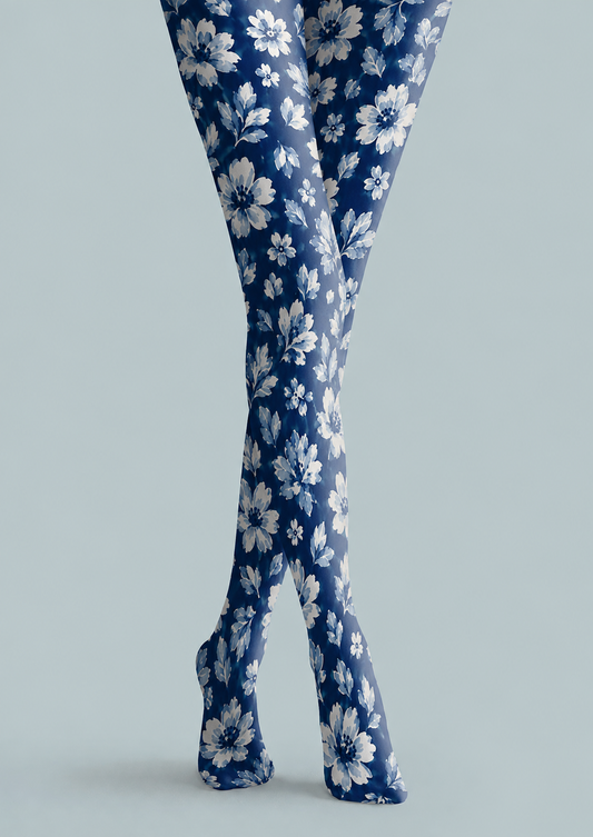 Blue Floral Tights Elegant Boho Pantyhose Hosiery H68-58