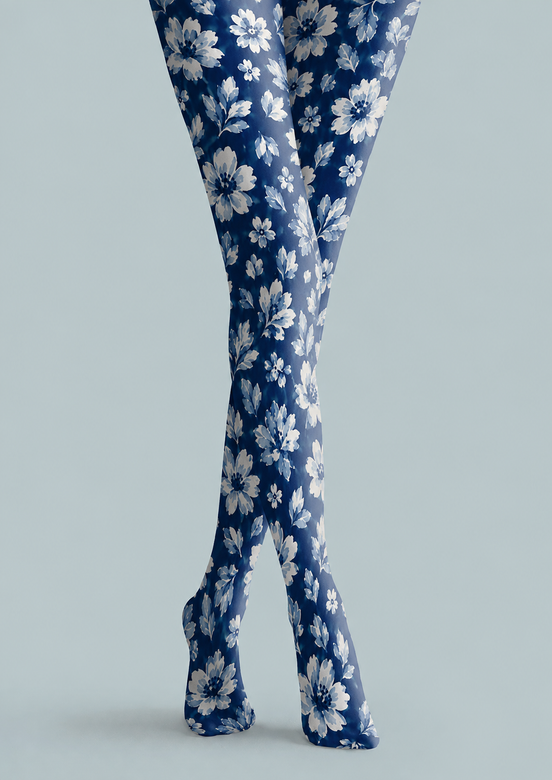Blue Floral Tights Elegant Boho Pantyhose Hosiery H68-58