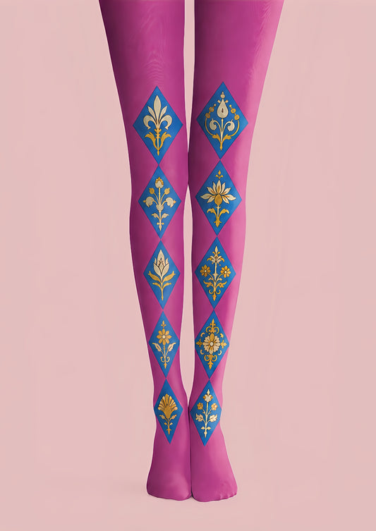 Pink Boho Tights Ornamental Diamond Patterned Pantyhose H68-60