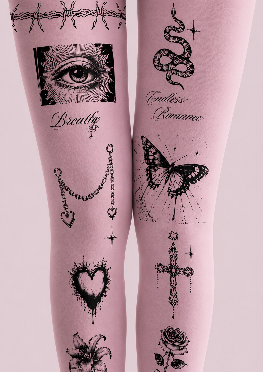 Pink Cyberpunk Tattoo Tights Gothic Graphic Pantyhose H68-61