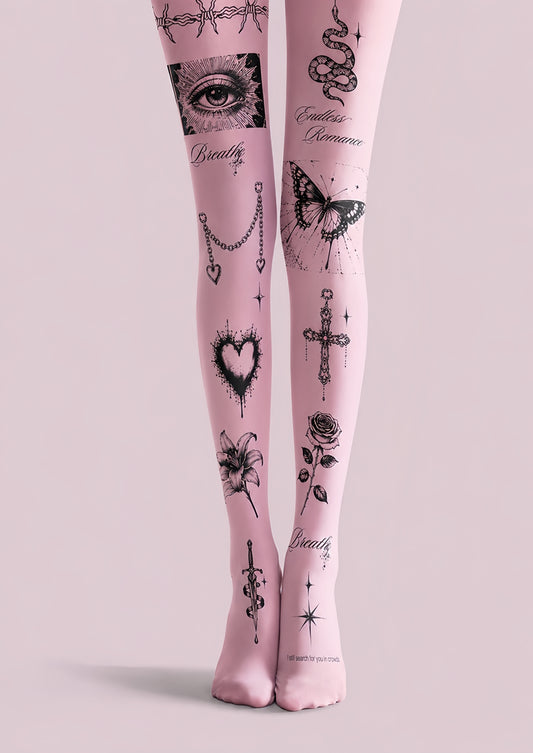 Pink Cyberpunk Tattoo Tights Gothic Graphic Pantyhose H68-61