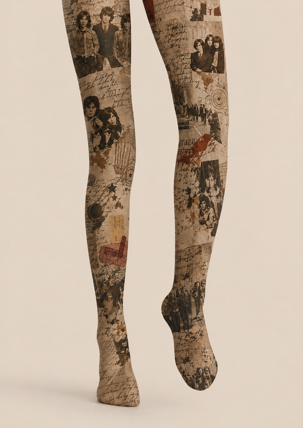 Retro Music Graphic Tights Sepia Collage Pantyhose H68-66