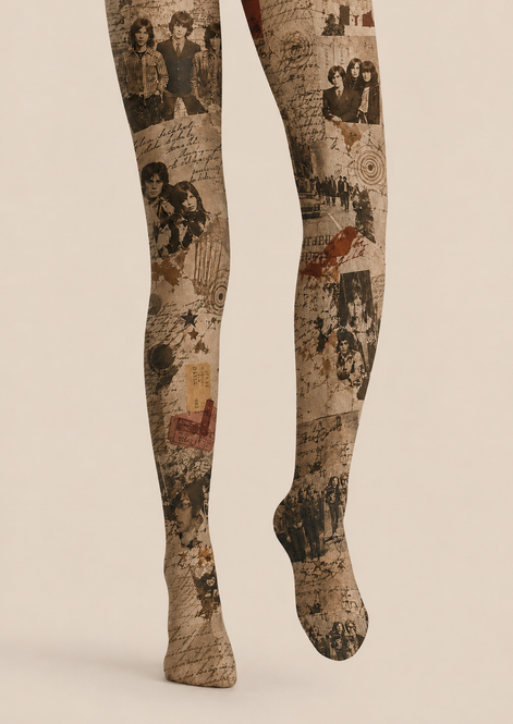 Retro Music Graphic Tights Sepia Collage Pantyhose H68-66