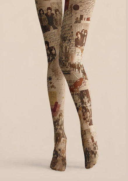 Retro Music Graphic Tights Sepia Collage Pantyhose H68-66