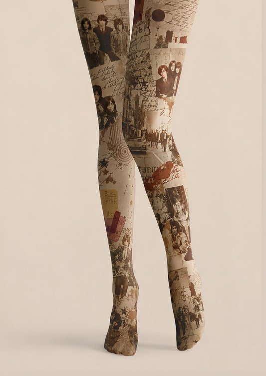 Retro Music Graphic Tights Sepia Collage Pantyhose H68-66