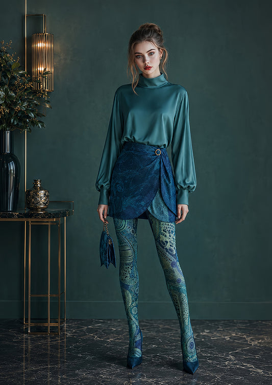 Teal Cyberpunk Tights Futuristic Graphic Pantyhose H68-67
