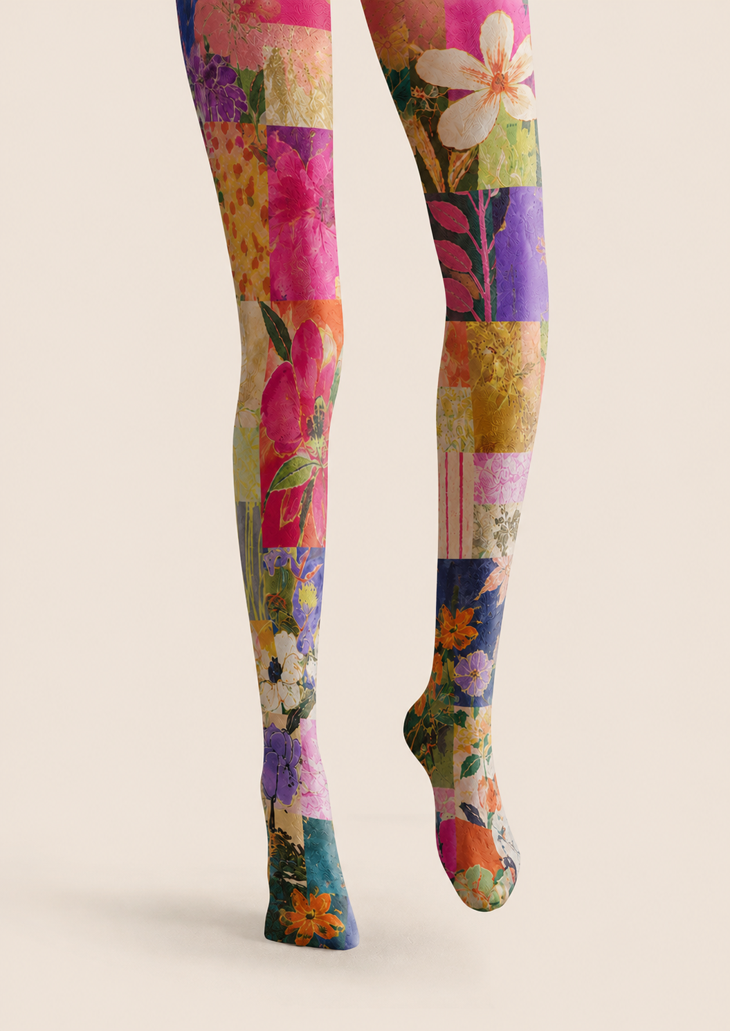 Colorful Floral Patchwork Tights Boho Artsy Pantyhose H68-68