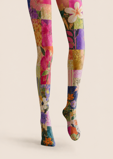 Colorful Floral Patchwork Tights Boho Artsy Pantyhose H68-68