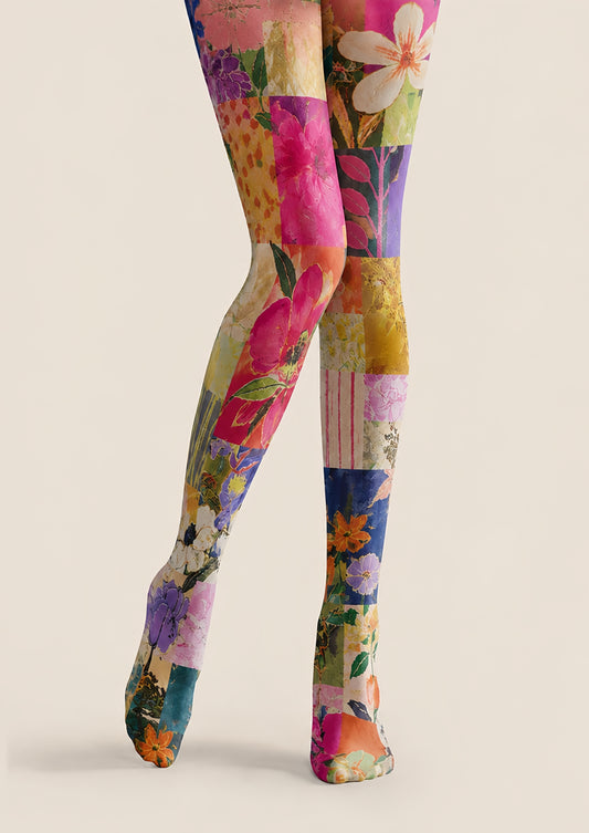 Colorful Floral Patchwork Tights Boho Artsy Pantyhose H68-68