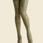 Boho Paisley Print Tights Dark Green Pantyhose H68-7