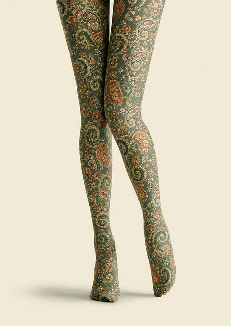 Boho Paisley Print Tights Dark Green Pantyhose H68-7
