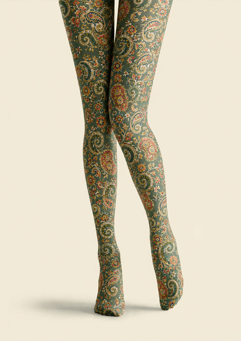 Dark Green Floral Paisley Patterned Tights H68-7