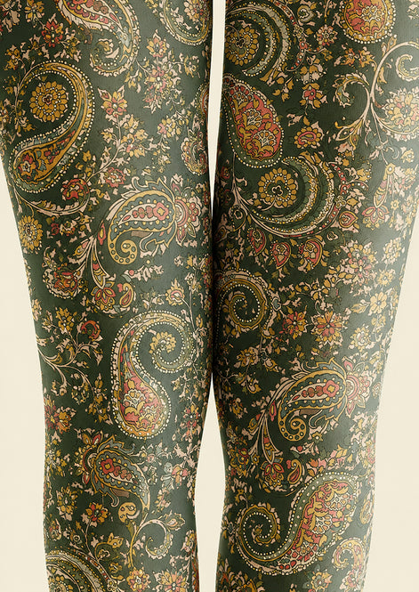Boho Paisley Print Tights Dark Green Pantyhose H68-7
