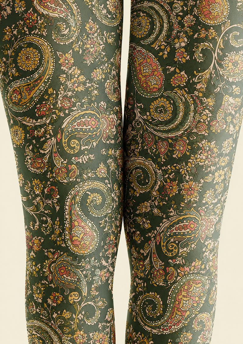 Dark Green Floral Paisley Patterned Tights H68-7