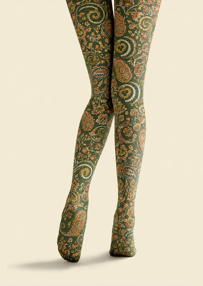 Dark Green Floral Paisley Patterned Tights H68-7