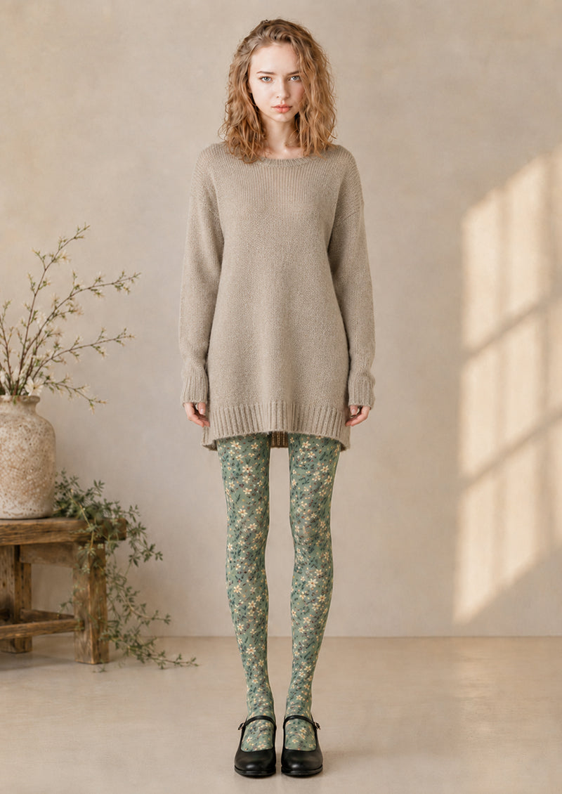 Green Ditsy Floral Tights Botanical Fashion Hosiery H68-70