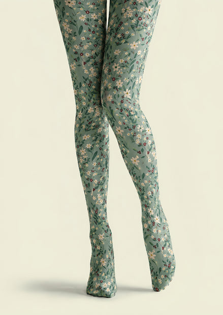 Green Ditsy Floral Tights Botanical Fashion Hosiery H68-70