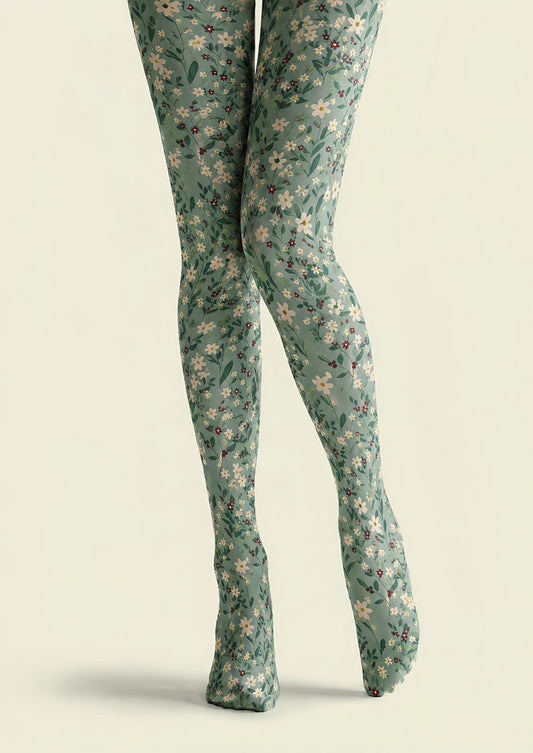Green Ditsy Floral Tights Botanical Fashion Hosiery H68-70