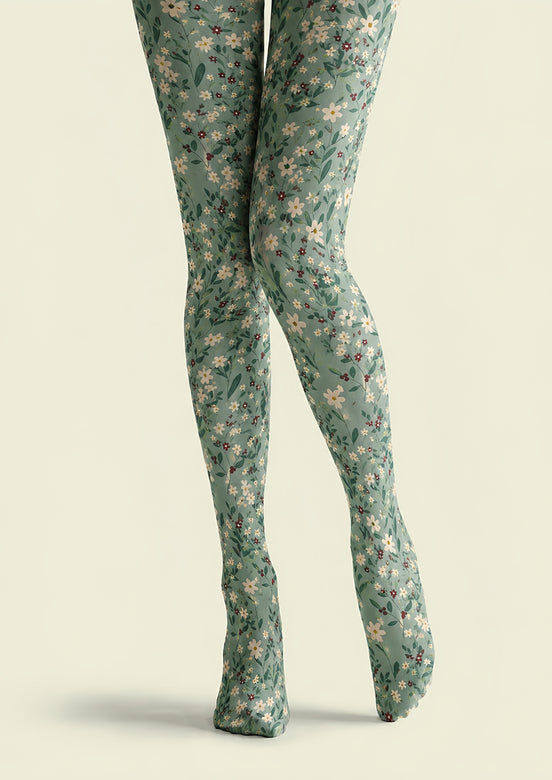 Green Ditsy Floral Tights Botanical Fashion Hosiery H68-70