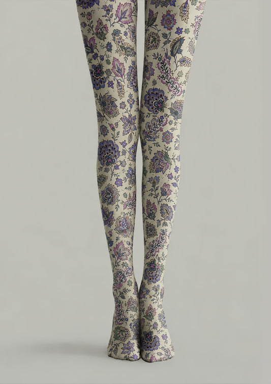 Preppy Floral Pantyhose Vintage Blue Purple Tights H68-72