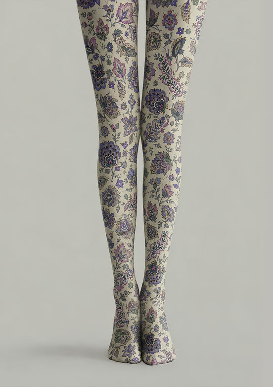 Preppy Floral Pantyhose Vintage Blue Purple Tights H68-72