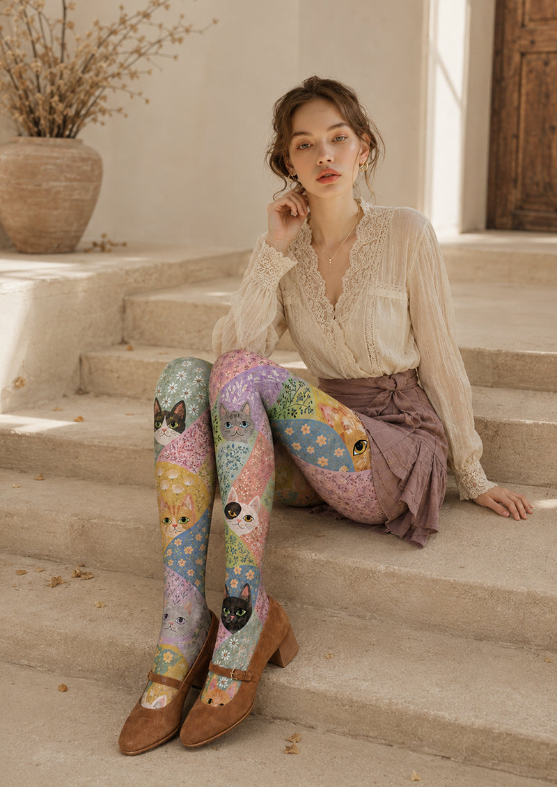 Colorful Cat Tights Floral Pattern Graphic Hosiery H68-76