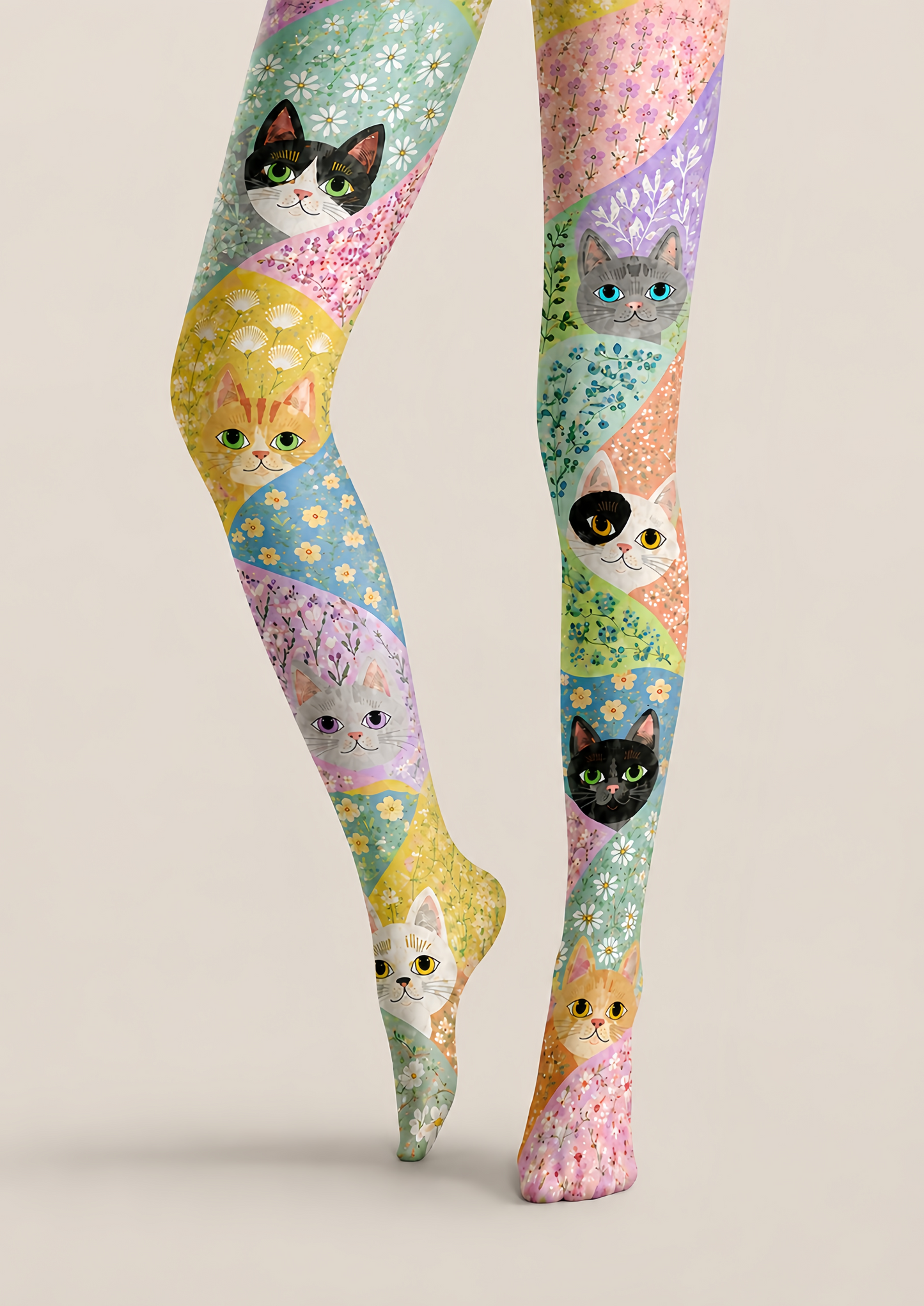 Colorful Cat Tights Floral Pattern Graphic Hosiery H68-76