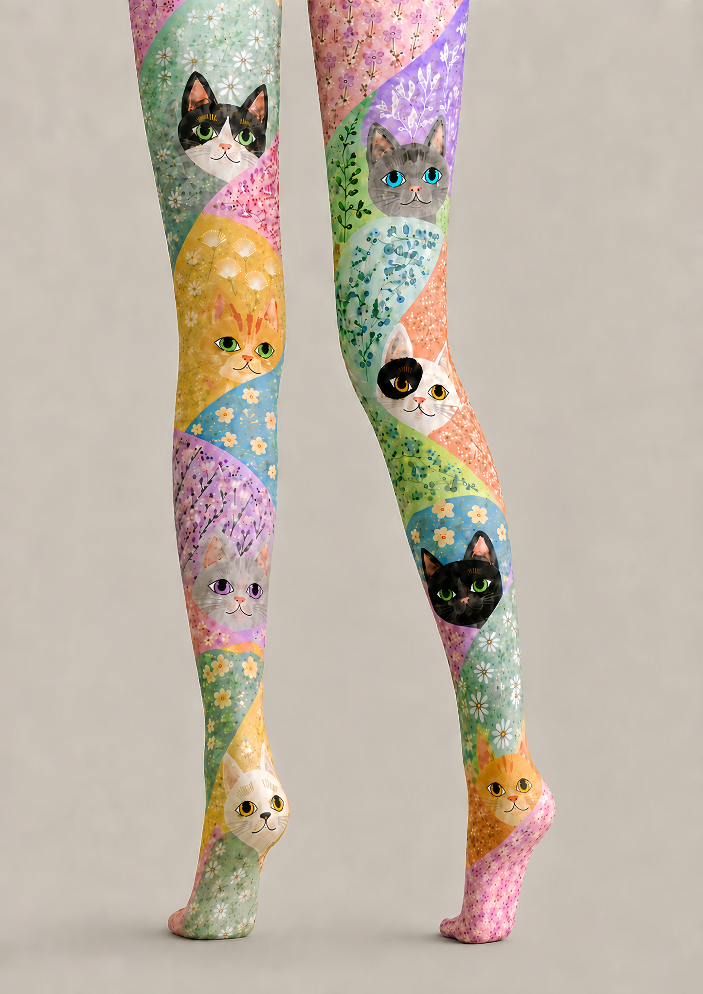 Colorful Cat Tights Floral Pattern Graphic Hosiery H68-76
