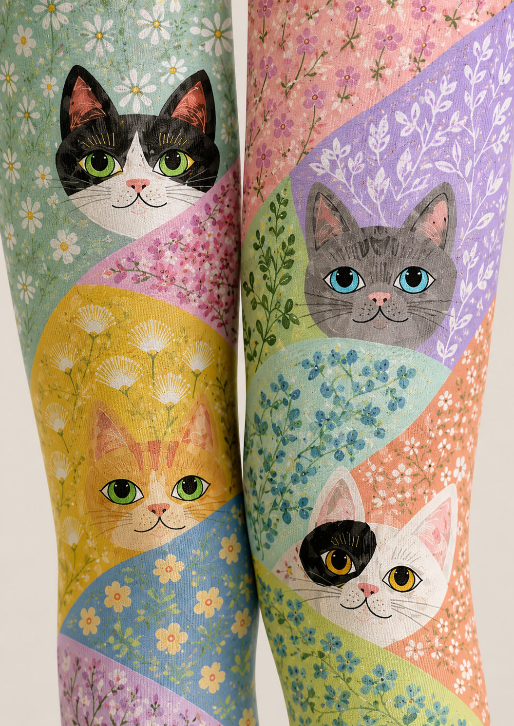 Colorful Cat Tights Floral Pattern Graphic Hosiery H68-76