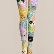 Colorful Cat Tights Floral Pattern Graphic Hosiery H68-76