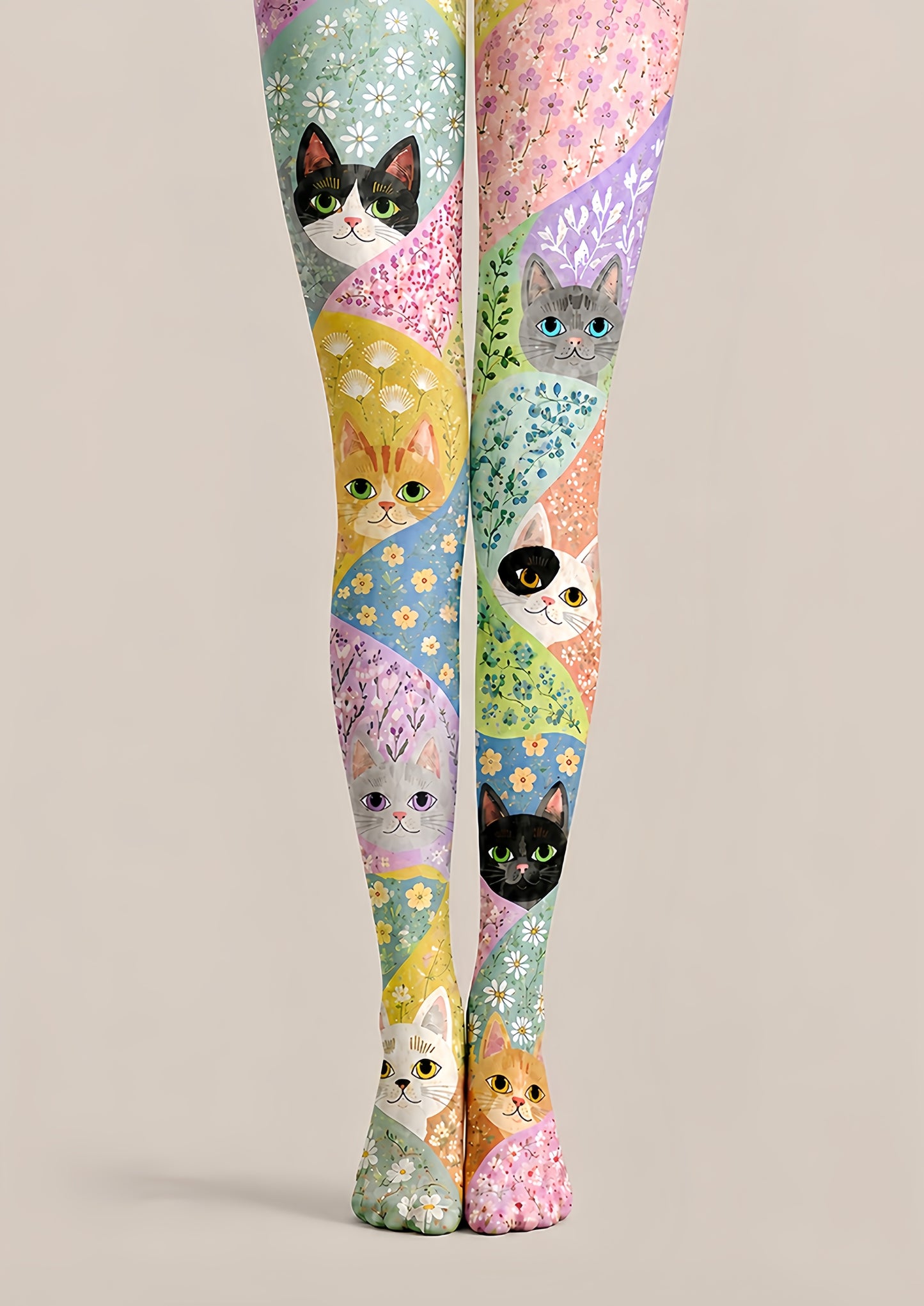 Colorful Cat Tights Floral Pattern Graphic Hosiery H68-76