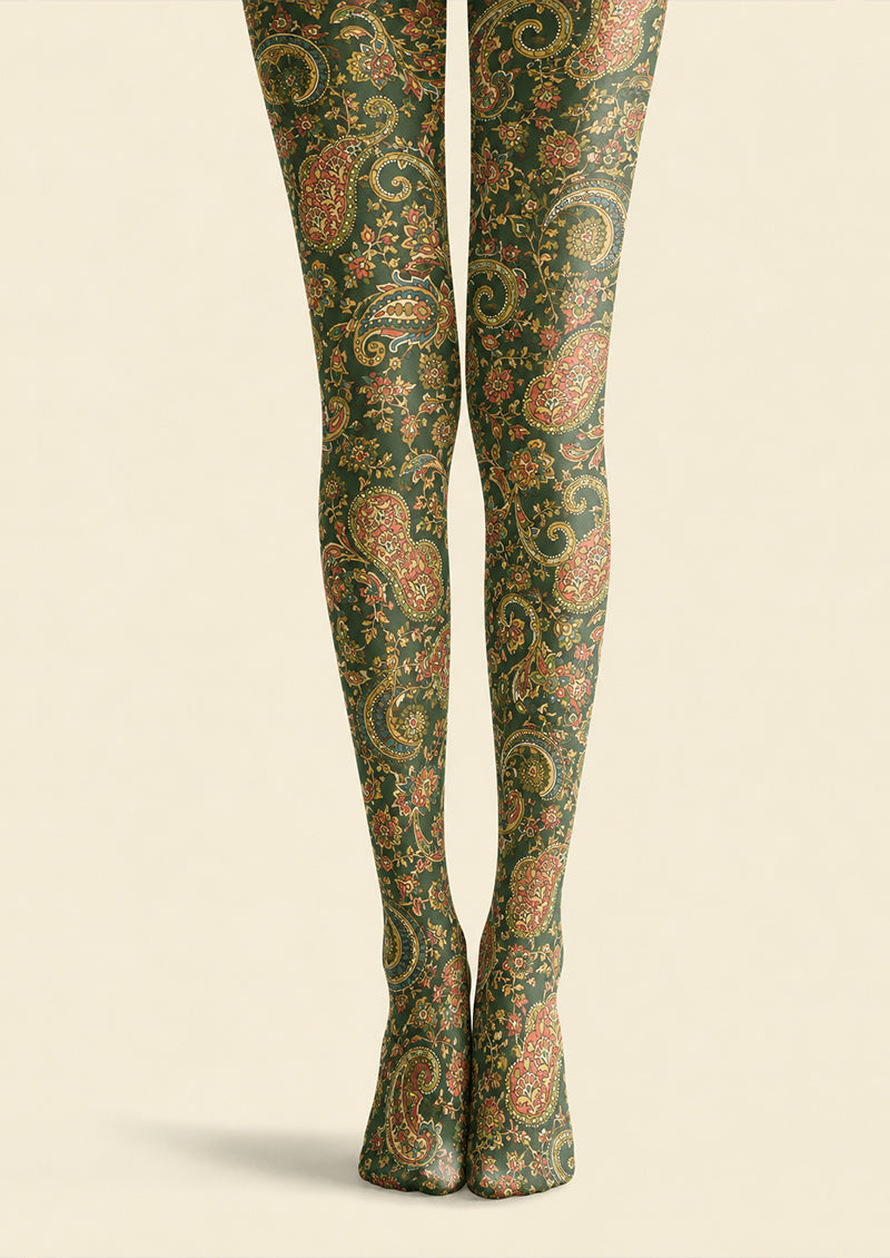 Dark Green Floral Paisley Patterned Tights H68-7