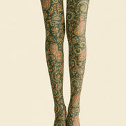 Boho Paisley Print Tights Dark Green Pantyhose H68-7