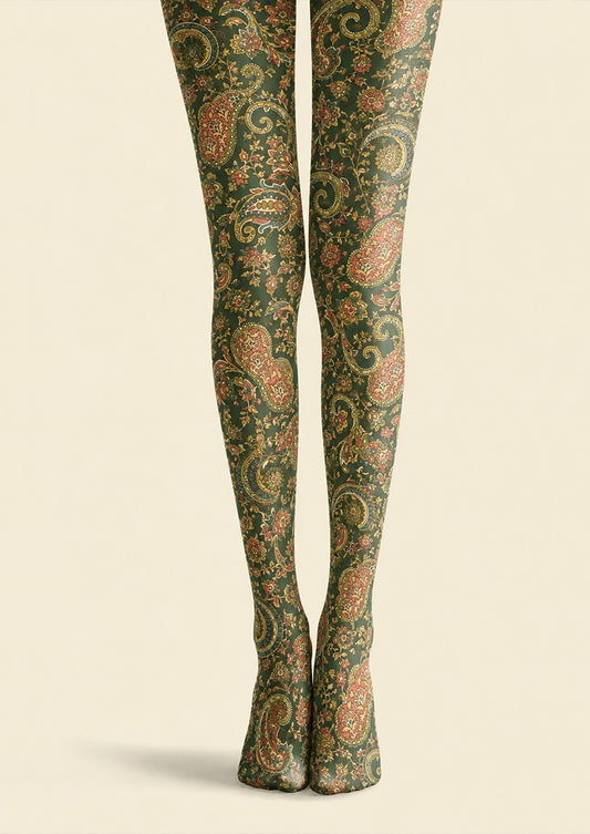 Dark Green Floral Paisley Patterned Tights H68-7