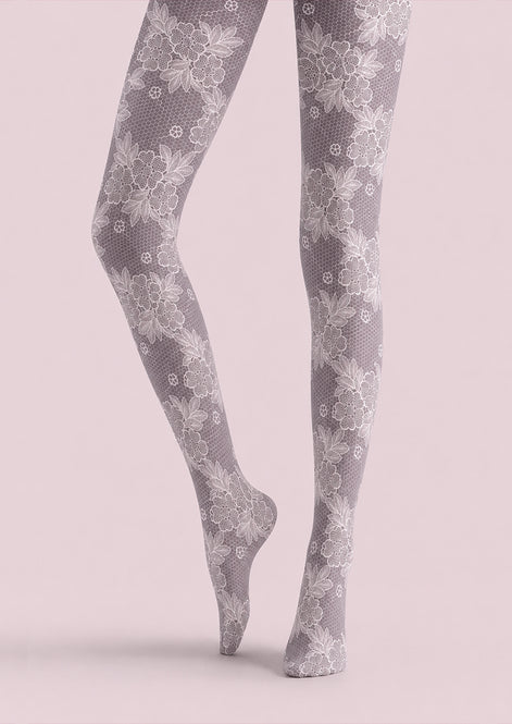 Gray Floral Pantyhose Lace Patterned Tights H68-8
