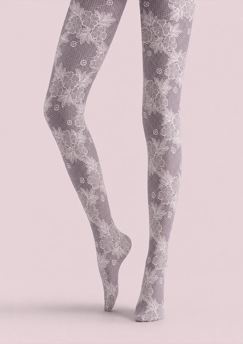 Gray Floral Pantyhose Lace Patterned Tights H68-8