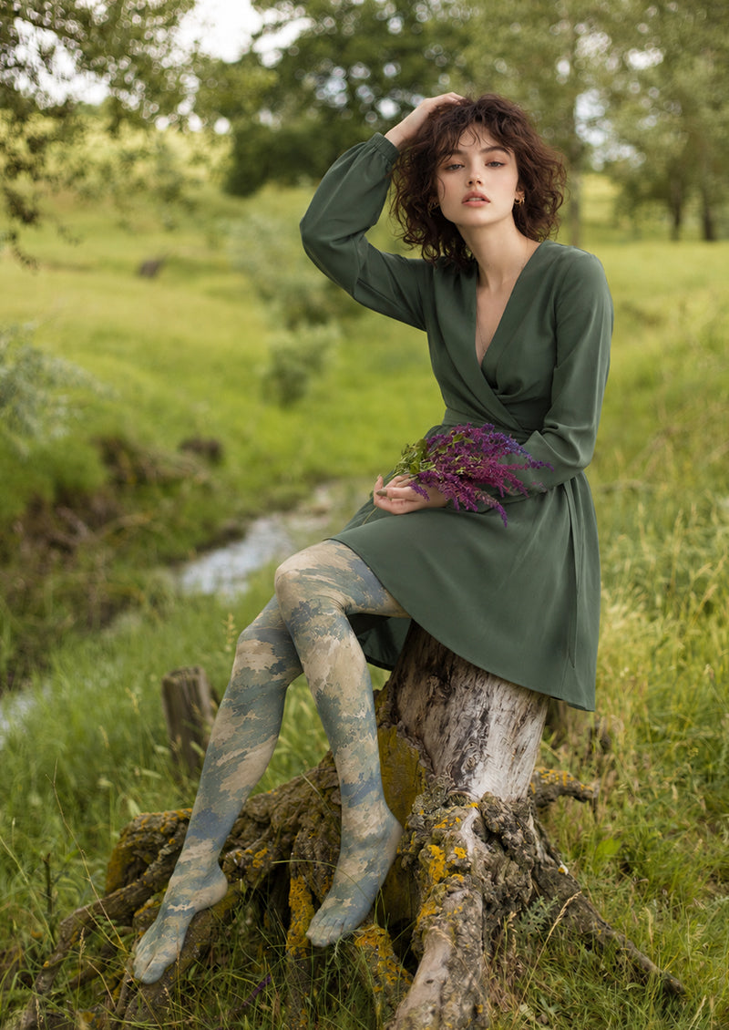 Sage Green Abstract Print Tights H68-82