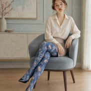 Dusty Blue Botanical Tights Floral Print Hosiery H68-83