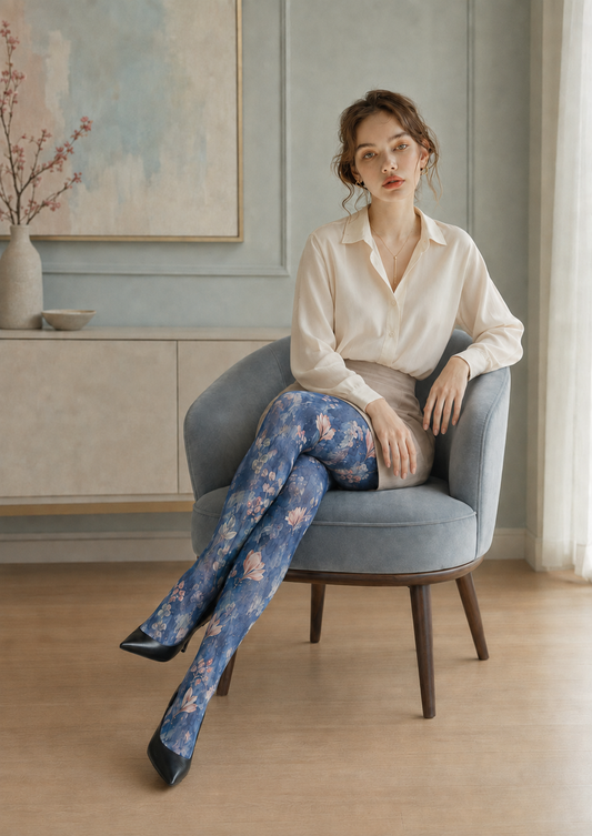Dusty Blue Botanical Tights Floral Print Hosiery H68-83
