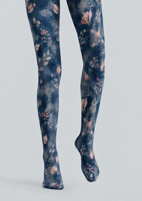 Dusty Blue Botanical Tights Floral Print Hosiery H68-83