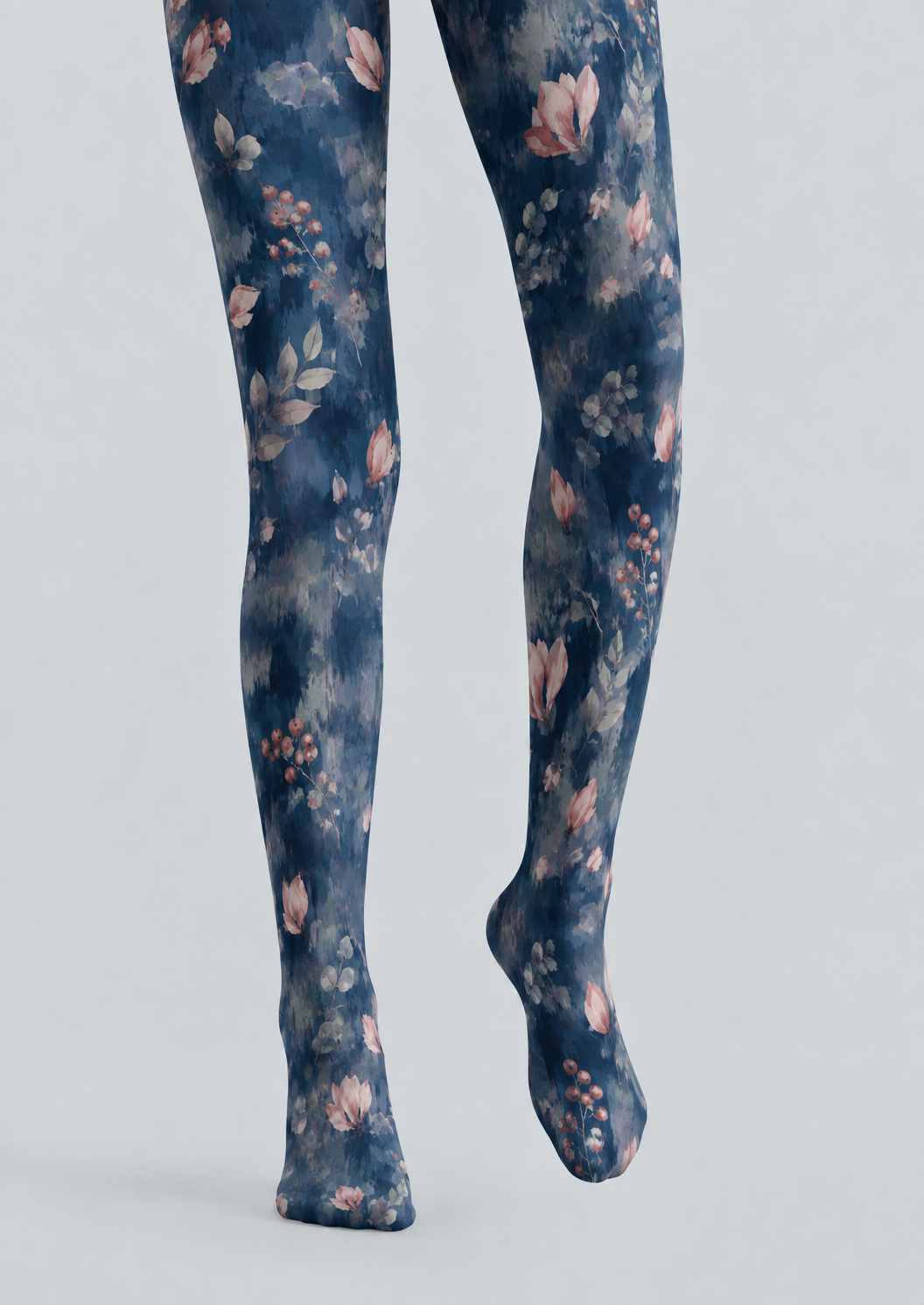 Dusty Blue Botanical Tights Floral Print Hosiery H68-83