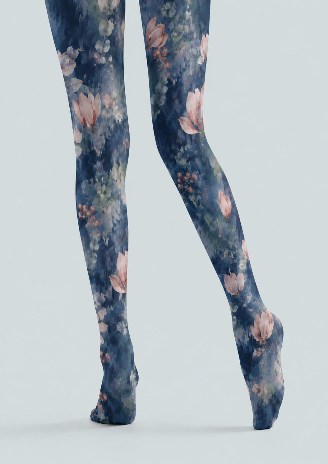 Dusty Blue Botanical Tights Floral Print Hosiery H68-83